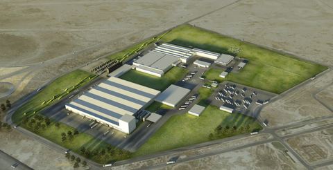 Vue aérienne rendue d'un grand site industriel et de ses bâtiments