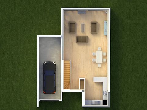 Plan du rez-de-chaussée d'une maison : séjour, cuisine et garage