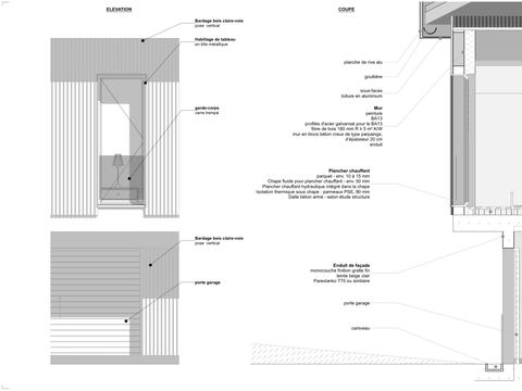 Détail d'élévation et coupe constructive : bardage, mur isolé, plancher chauffant, porte de garage