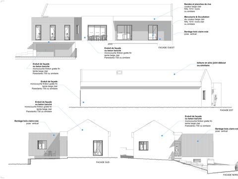 Les quatre façades de la maison annotées : bardage bois claire-voie, enduit, menuiseries