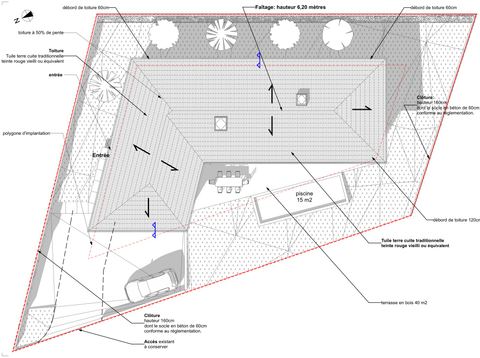 Plan de masse : toiture, terrasse en bois, piscine, accès et clôtures sur la parcelle