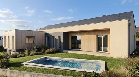 Image de projet : la maison côté jardin, enduit beige et piscine au premier plan