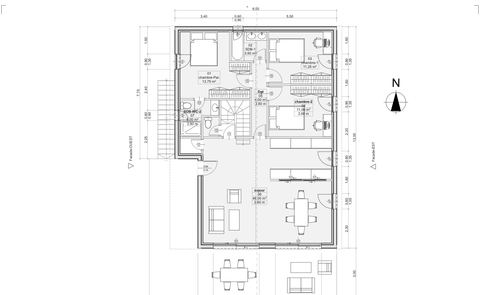 Plan du rez-de-chaussée : séjour, trois chambres, deux salles d'eau et terrasse