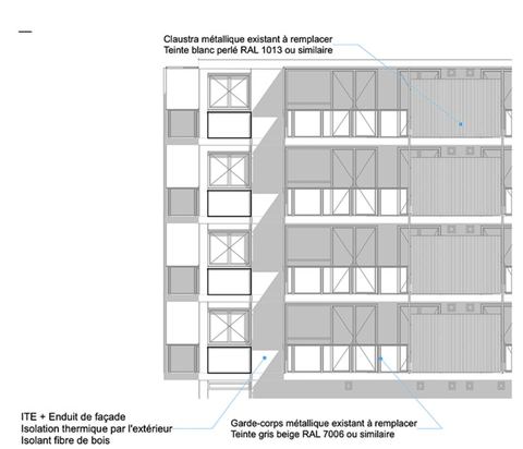 Élévation technique annotée : isolation par l'extérieur, teinte d'enduit, garde-corps à remplacer