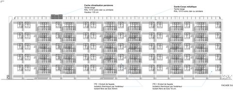 Façade sud de la résidence : cinq niveaux, balcons, isolation par l'extérieur annotée